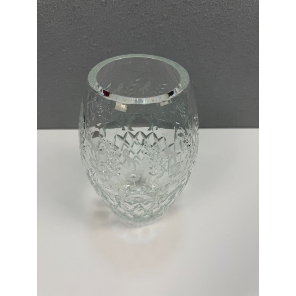 Heavy Clear Cut Glass Vase 8” Etched Floral Diamond Starburst Base